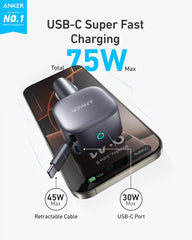 Anker Nano 75W Car Charger and New Nylon USB-C to USB-C 100W Cable (10 ft)