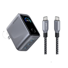 Anker Prime Charger (160W, 3 Ports, Smart Display) with Anker Prime USB-C to USB-C Cable (240W, Upcycled-Braided)