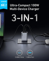 Anker Prime Charger (100W, 3 Ports, GaN) and Anker Prime USB-C to USB-C Cable (240W, Upcycled-Braided)
