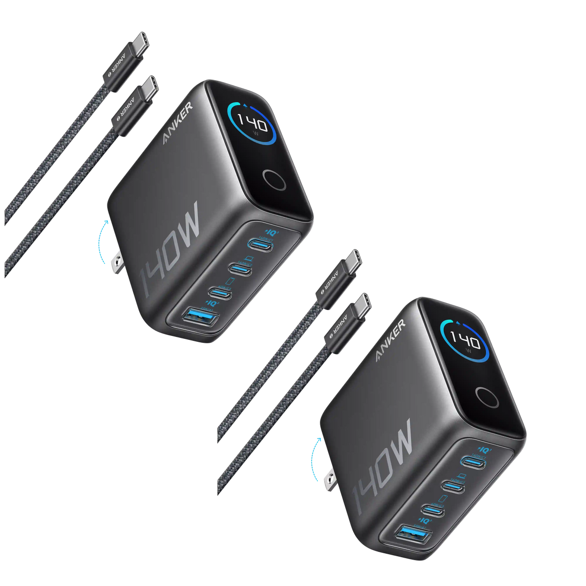 2-Pack Anker Laptop Charger (140W, 4-Port, PD 3.1) with 2-Pack USB-C Cable
