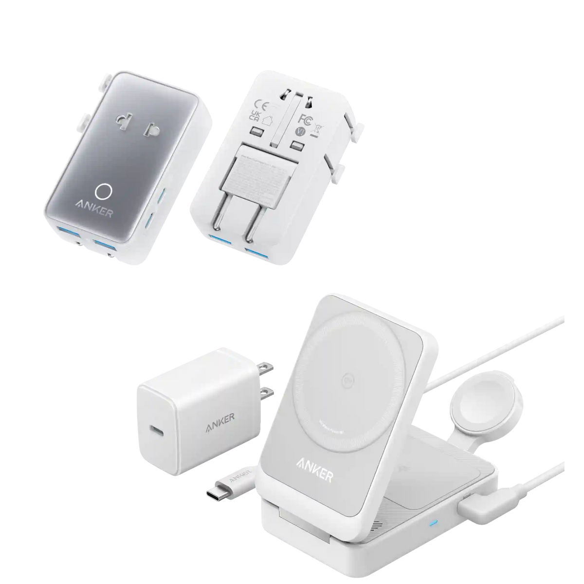 Anker MagGo Wireless Charging Station (Foldable 3-in-1) and Anker Nano Travel Adapter (5-in-1, 20W, 1-Pack)